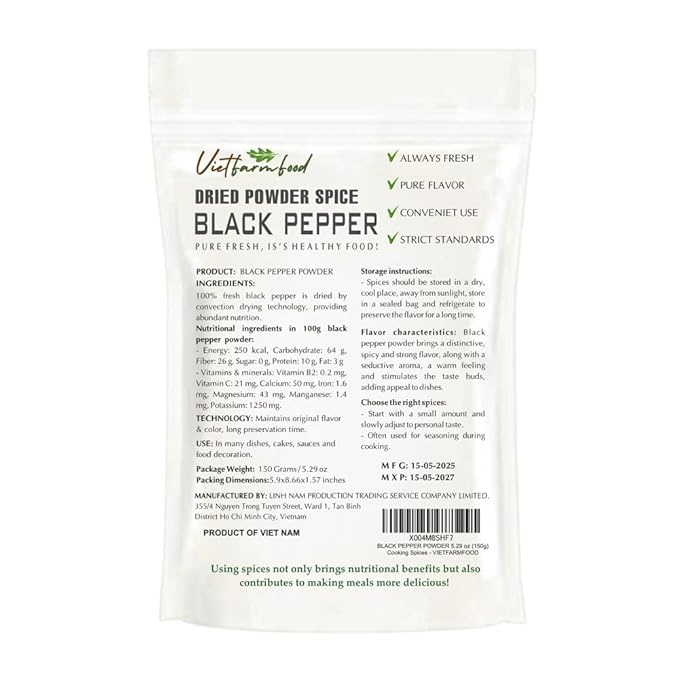 BLACK PEPPER POWDER 5.29 Oz (150g) VIETFARMFOOD: Natural pure, convection dried seasoning made from real vegetables - perfect for adding flavor to any meal, from cooking, baking, salads, soups, sauces
