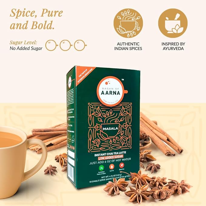Bagan of Aarna Instant Masala Chai, Tea Powder Mix, Spiced Tea, All Natural Chai Tea, Authentic Chai Mix, Masala Spiced Chai Powder With Natural Flavour, Makes 10 Cups (Masala No Sugar)