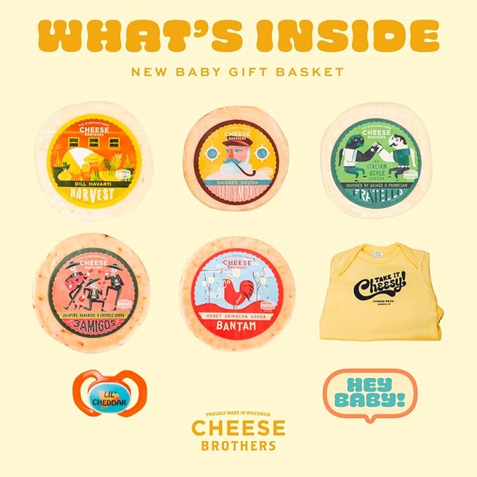 Cheese Bros. Welcome New Baby Gift Box | Fresh from Wisconsin | Includes Italian Fratello, Honey Sriracha Gouda, Smoked Gouda, Smoked 3 Amigos Spicy Gouda and Dill Havarti | Great Food Gifting Idea!