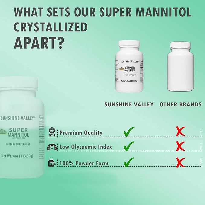 Sunshine Valley® Super Mannitol Powder, Natural & Healthy Artificial Sweetener, Ultra-Pure Sugar Substitute, Low Glycemic Dietary Supplement (4 Fl oz)