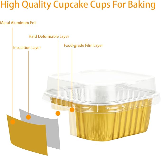100 Pack 5 oz Mini Square Baking Cups with Lids, Aluminum Foil Baking Cups Mini Square Cupcake Cups, Disposable Ramekins Cake Pans Small for Brownie Cheesecake Muffin Puddings ??Gold