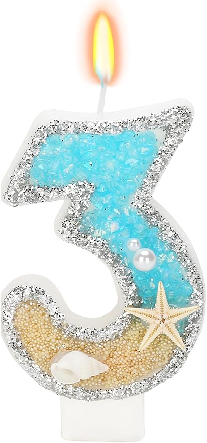 3rd Birthday Candle for Cake, Beach Starfish Sequins Candles, 2.76 inch Cake Topper Decoration for Birthday Party (Number 3)