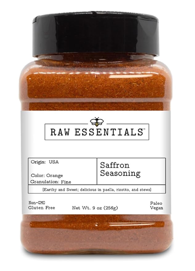 Raw Essentials Saffron Seasoning - Earthy and Sweet - Delicious in Paella, Risotto, and Stews - Luxurious Seasoning that is Non GMO, Gluten Free, Paleo and Vegan - 9 Ounce Bottle
