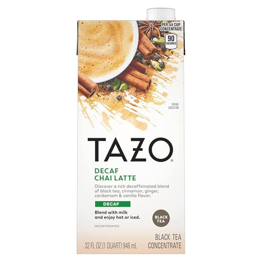 TAZO Decaf Chai Latte, Black Tea Concentrate, Easy-to-Serve Chai Tea for Everyday Lattes, Hot or Iced Tea and Mocktails, 32 oz Tea Mix Carton