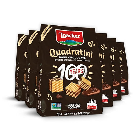 Loacker Quadratini Dark Chocolate Wafer Cookies LARGE - 30% Less Sugar - Premium Crispy Bite Size Wafers - NON-GMO - LARGE Pack of 6