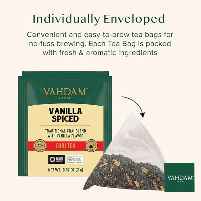 VAHDAM, Vanilla Chai Tea Bags (30 Count) High Caffeine, Non GMO, Gluten Free | Individually Wrapped, Full-bodied & Malty | No Artificial Flavor | Blended w/Vanilla, Cappuccino & Exotic Spices