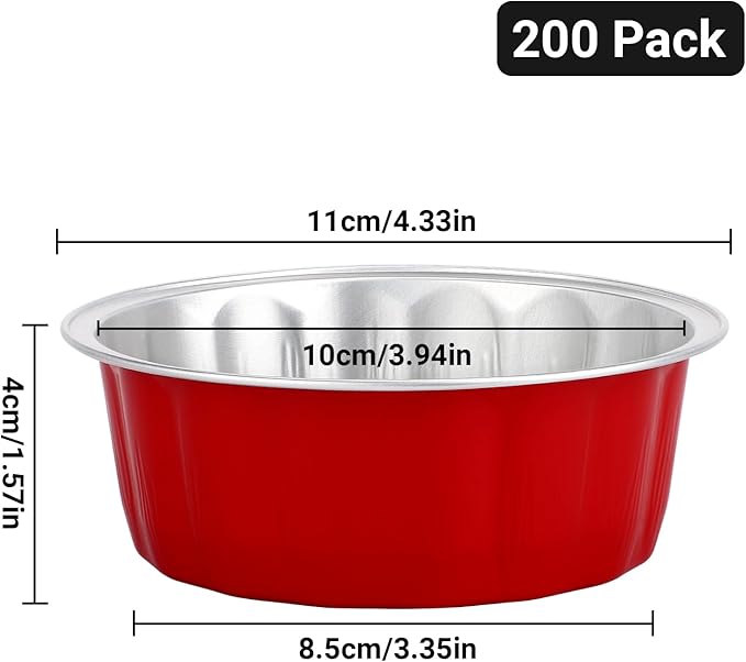 Beasea Disposable Baking Cups, 8oz 200 Pack Aluminum Ramekins Foil Baking Cups 3.9" Ramekin Cup Cupcake Aluminum Mini Baking Cups for Party - Red