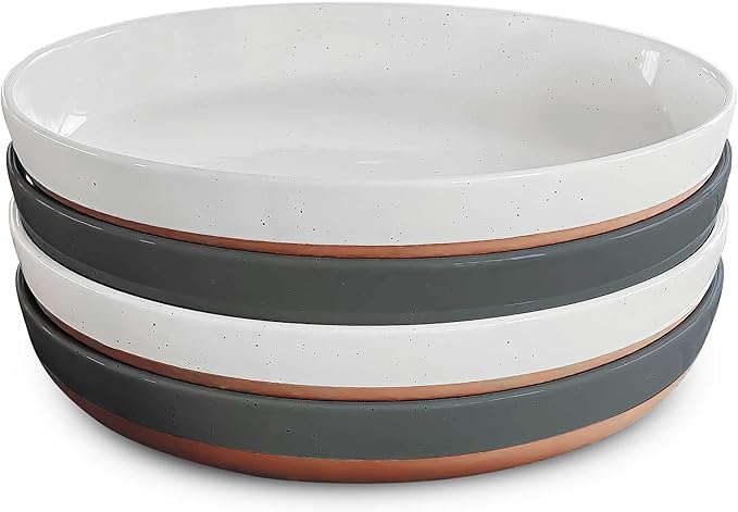 Mora Ceramic Flat Pasta Bowl Set of 4-35oz, Microwave Safe Plate with High Edge - Modern Dinnerware for Kitchen and Eating, Large Wide Bowls/Plates for Serving Dinner, Salad, etc- Vanilla & Charcoal