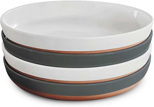 Mora Ceramic Flat Pasta Bowl Set of 4-35oz, Microwave Safe Plate with High Edge - Modern Dinnerware for Kitchen and Eating, Large Wide Bowls/Plates for Serving Dinner, Salad, etc- Vanilla & Charcoal