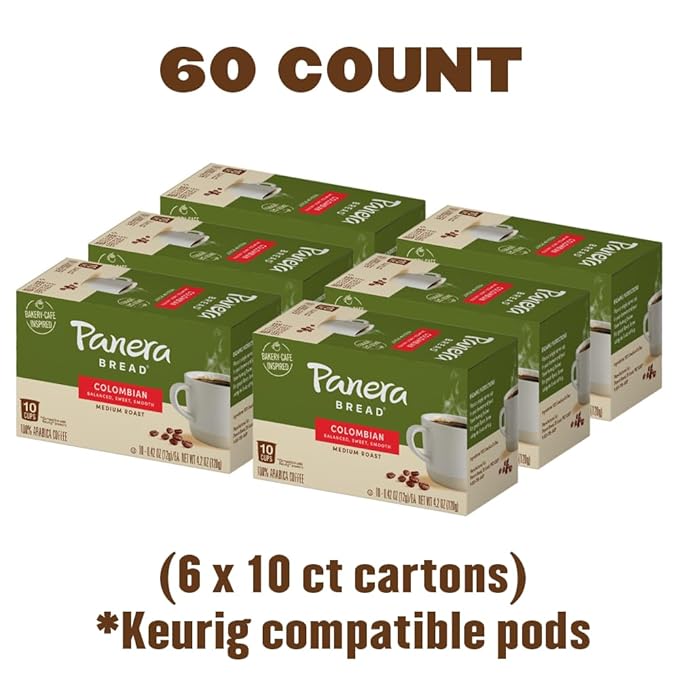 Panera Bread Colombian Medium Roast Coffee, Single Serve 60 Count Pods (6 Packs of 10)