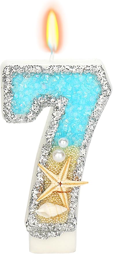 7th Birthday Candle for Cake, Beach Starfish Sequins Candles, 2.76 inch Cake Topper Decoration for Birthday Party (Number 7)