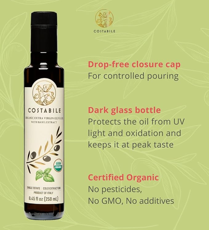 Basil Olive Oil Organic from Puglia, Italy. Basil Infused Extra Virgin Olive Oil from a single source. Perfect for Salad Dressing - COSTABILE 8.45 Fl. Oz.