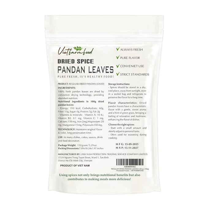 REGULAR DRIED PANDAN 5.29 Oz (150g) VIETFARMFOOD: Natural pure, convection dried seasoning made from real vegetables - perfect for adding flavor to any meal, from cooking, baking, salad, soups, sauces