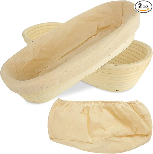 2 PCS 13.8 inch Oval Long Baguette Banneton Brotform Bread Dough Proofing Rattan Basket & Liner for Professional & Home Bakers
