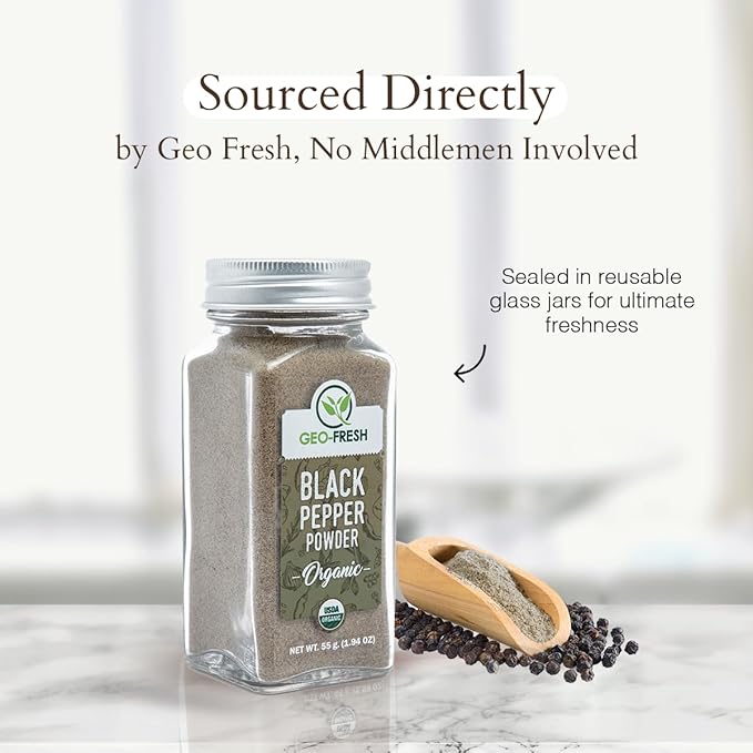 Geo-Fresh Organic Black Pepper Powder ??1.94 oz Glass Jar ??Black Pepper Ground ??USDA Certified ??Non-GMO, Kosher, Gluten-Free ??Premium Quality and Organic for Cooking & Seasoning