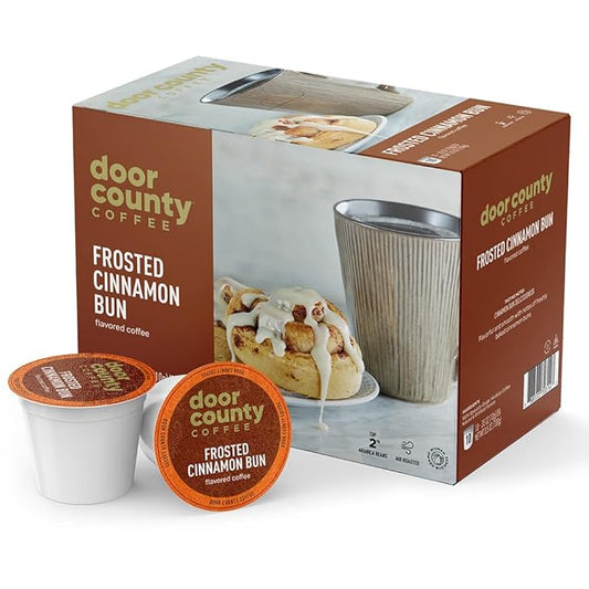 Door County Coffee Frosted Cinnamon Buns Flavored Ground | 10 Count Single Serve Cups | Medium Roast | 100% Specialty Arabica | Flavored Gourmet | Sweet Cinnamon Flavored