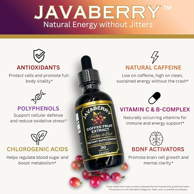 Javaberry Coffee Fruit Extract ??Brain Supplement for Focus, Memory & Clarity ??Supports BDNF & Mental Energy ??Natural Antioxidant Nootropic Liquid with Polyphenols ??60ml (30 Servings)