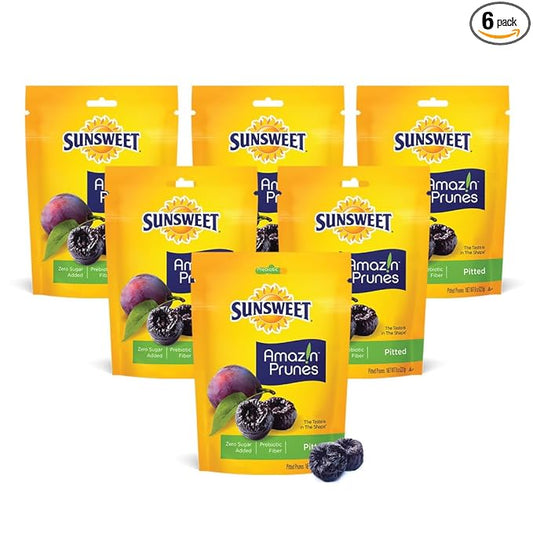 Sunsweet Amazin' Pitted Prunes - Dried Prunes Pitted Unsweetened - Gluten Free, Vegan, Low Fat - Fiber & Minerals - 8 oz Pouches x 6 Pack