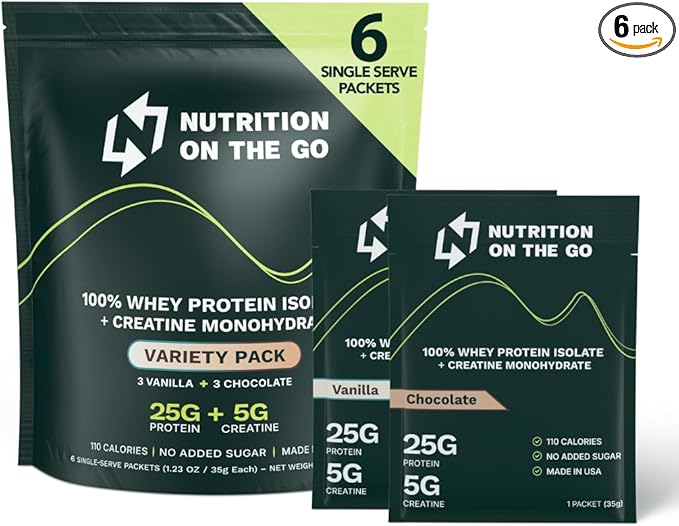 Travel Whey Protein Isolate Packets ??Single-Serve Protein Powder ??25g Proteins + 5g Creatine - Variety Pack (Vanilla & Chocolate) (6-Pack)