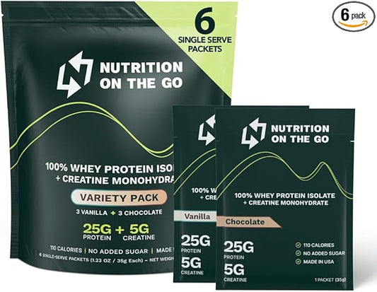 Travel Whey Protein Isolate Packets ??Single-Serve Protein Powder ??25g Proteins + 5g Creatine - Variety Pack (Vanilla & Chocolate) (6-Pack)