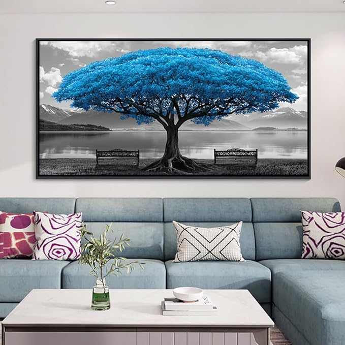 YDYSUNE Blue Tree Framed Canvas Wall Art for Living Room Large Size Wall Decor For Bedroom Black And White Pictures Lake Scenery Painting Office Decor Room Home Decoration Artwork Black Framed 29X58IN