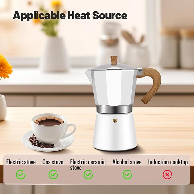 6 Cup Aluminum Moka Pot Classic Stovetop Espresso Coffee Maker 300ml 10oz Coffeemaker Percolator Mocha Express Preferred Cafe Makers for Italian and Cuban Cafì±?Brewing White