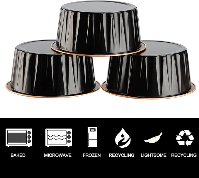 EUSOAR Ramekin Baking Cups, 30pcs 5oz Aluminum Foil Muffin Liners Cupcake Baking Cup with Lids, Mini Pie Pans with Lids, Disposable Foil Containers for Creme Brulee or Cupcake-Black