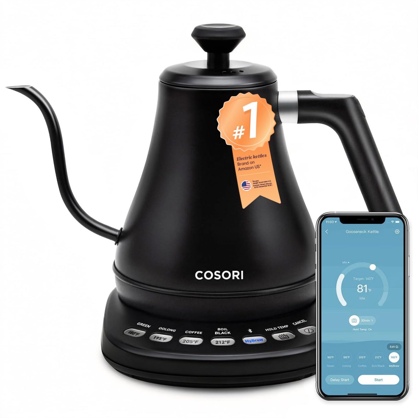 Cosori Smart Gooseneck Electric Kettle, App & Temperature Control, 0.8L