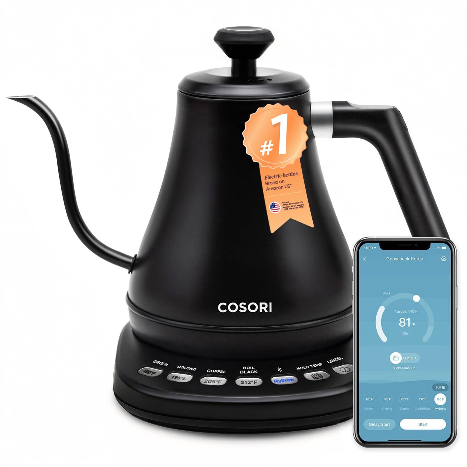 Cosori Smart Gooseneck Electric Kettle, App & Temperature Control, 0.8L