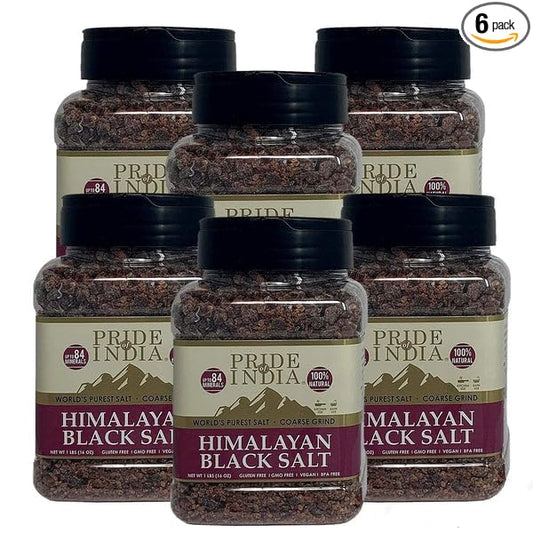 Pride Of India -PACK of 6 - Himalayan Black Salt - Coarse Grind, 1 Pound (16oz) Jar-Kala Namak - Contains 84+ Minerals -Use in grinders, restaurants & cooking - Perfect for Faux Egg Recipes Scramble