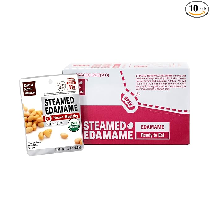 Steamed Bean Snack Series - STEAMED EDAMAME (Water, Organic Soybeans, Sea Salt, Organic Rice Vinegar) - Box of 10