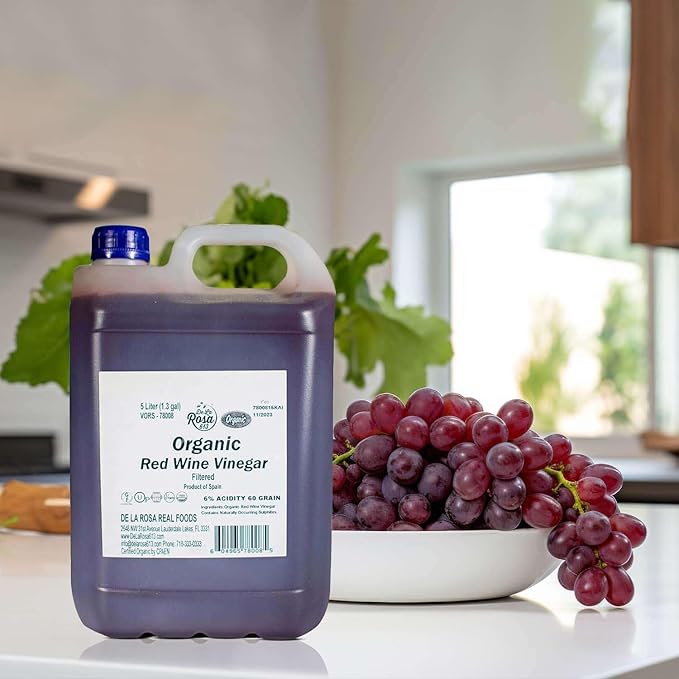 De La Rosa Organic Red Wine Vinegar, Filtered, Kosher for Passover, Vegan, Non-GMO & Gluten Free, Great for Salad Dressings, Marinades & More, Organic Red Wine Vinegar, 5 Liter (Pack of 1)