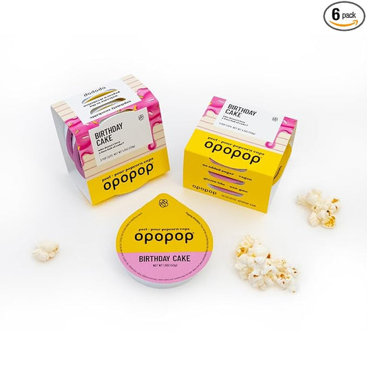 Opopop Microwave Popcorn - Pop Cups Birthday Cake 6-Pack, Non-GMO Gourmet Popcorn Kernels & Popcorn Flavoring, Gluten Free Snacks, Easy to Make and No Mess