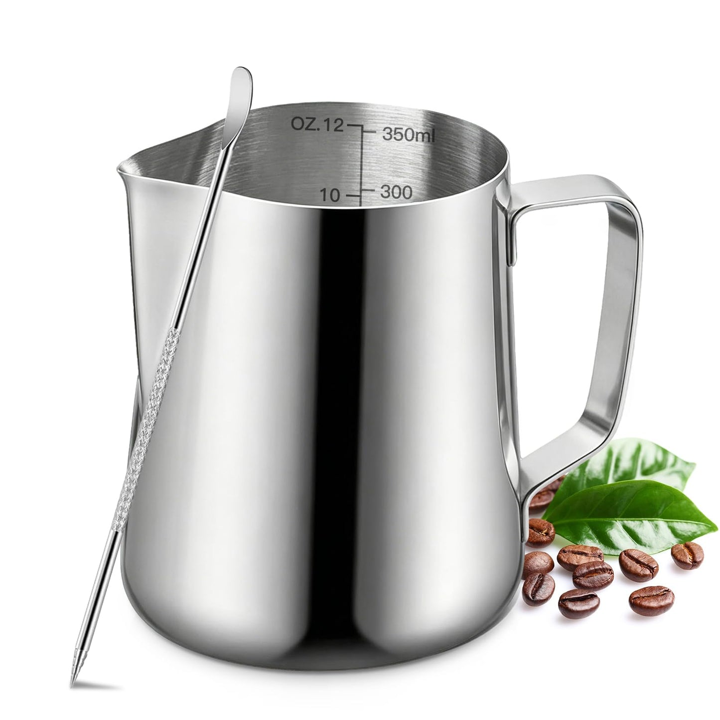 Milk Frothing Pitcher, 350ml/12oz Milk Frother Cup Stainless Steel Jug Steaming Pitcher, Milk