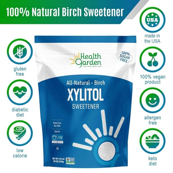 Health Garden Birch Xylitol Sweetener - 4.75 LB Resealable Bag - Pure Birch Xylitol - Non GMO, Kosher, and Made in the U.S.A. - Ideal Powdered Sugar Substitute - Non-GMO Sugar Alternative