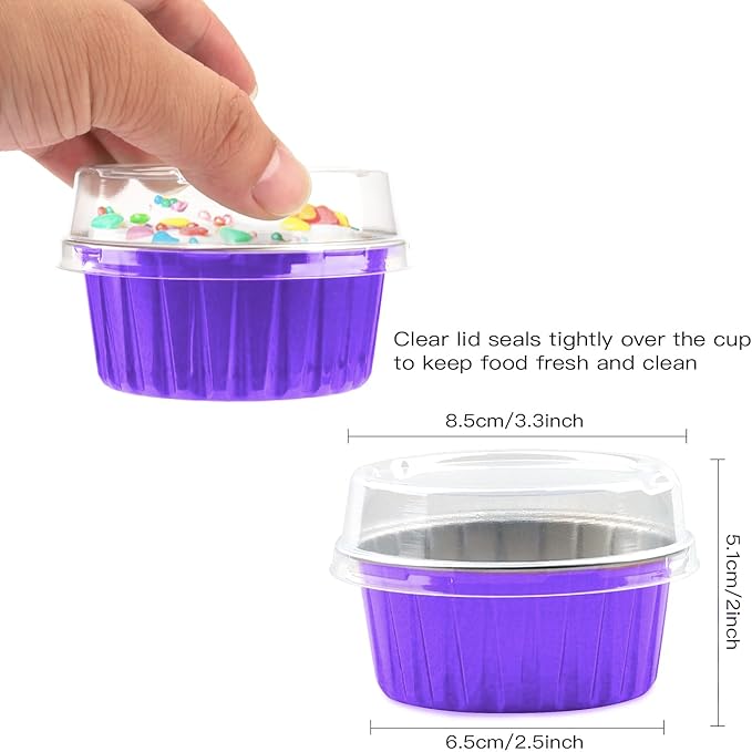 Lainrrew 50 Pack Baking Cups with Lids, Aluminum Foil Cupcake Cups Muffin Liners, Disposable Foil Ramekins, Cupcake Holders Dessert Containers Mini Pudding Cups (Purple)