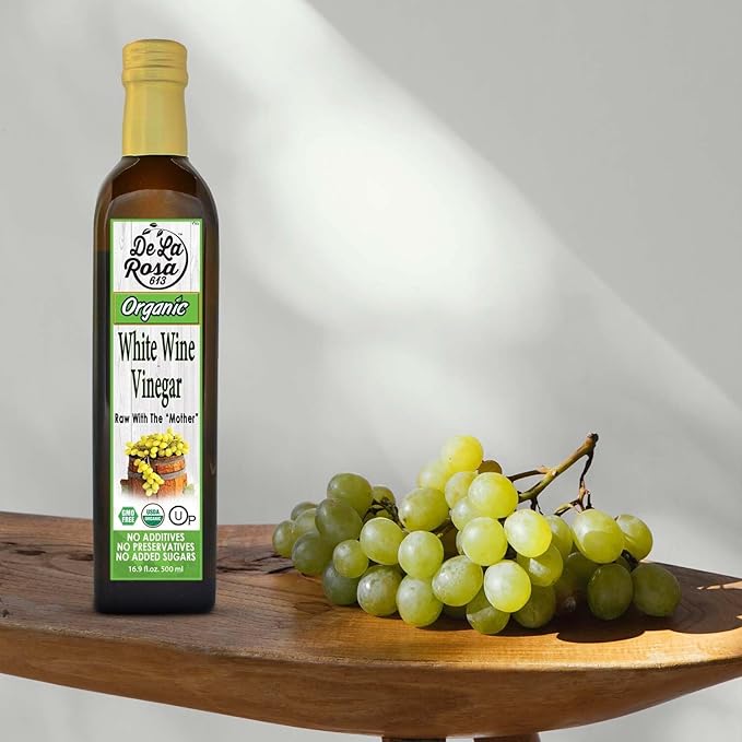 De La Rosa White Wine Vinegar, Raw with the “Mother”, Kosher for Passover, Vegan, Non-GMO & Gluten Free, Great for Salad Dressings, Marinades & More, Organic White Wine Vinegar, 16.9 Oz (Pack of 2)
