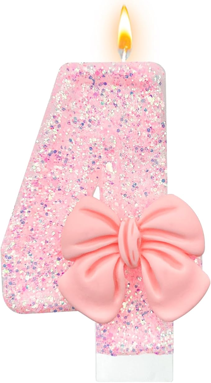 Birthday Cake Candles, Pink Glitter with Bow Cake Candles, Birthday Party Cake Toppers, Cute Birthday Candle Decorations (4)