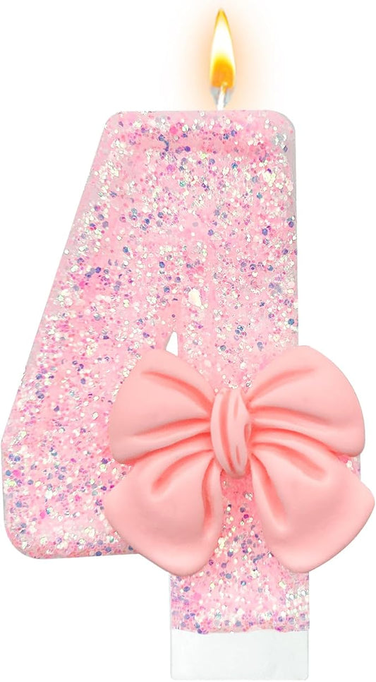 Birthday Cake Candles, Pink Glitter with Bow Cake Candles, Birthday Party Cake Toppers, Cute Birthday Candle Decorations (4)