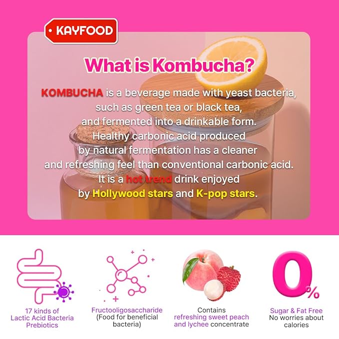 KAYFOOD-Kombucha-Peach-Garden-Daily Zero Sugar, Diet, Gut Healthy Sparkling Beverage, Fermented Korean Drinks for Iced, Hot, Workout Tea (10ST) (10ST, Lychee&peach)