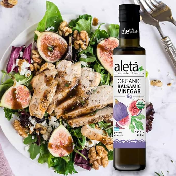 Aleta Farms Fig Balsamic Vinegar, Greek Organic Flavored Vinegar, USDA Organic, Perfect for Salad Dressings, Pasta, Desserts & Cocktails, Naturally Gluten Free, 8.45 fl oz (Fig)