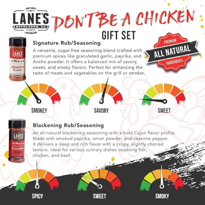 Lane's Don't Be A Chicken Gift Set, All-Natural 4 Rubs Gift Set of Blackened Seasoning, Garlic Powder Seasoning, Spellbound Pork & Signature BBQ Rub