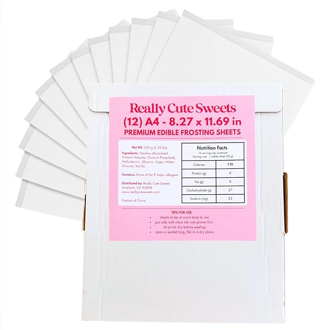 A4 Edible Frosting Sheets for Edible Printers by Really Cute Sweets - 12-Pack Premium Sugar Paper for Cake, Cookies, and Photo Decoration - White Edible Icing Sheets 8.3 x 11.7"