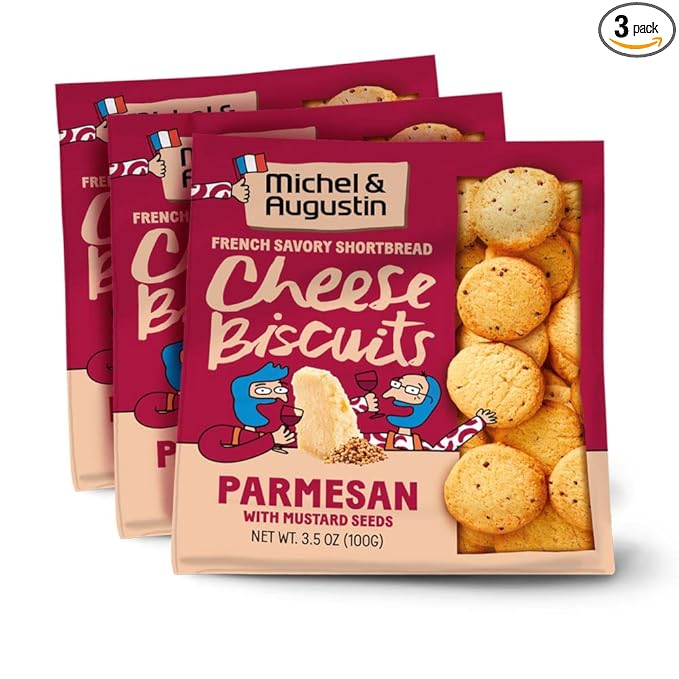 Michel et Augustin Gourmet Crackers, Parmesan Cheese Biscuits with Mustard Seeds, Savory Party Crackers, French Snacks, 3-Pack, 3.5 oz. Bags