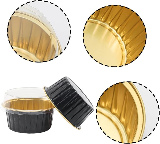 100 Pack 4.2oz Aluminum Cups with Lids Mini Flan Containers with Lids Cupcake Baking Cups, Black Gold