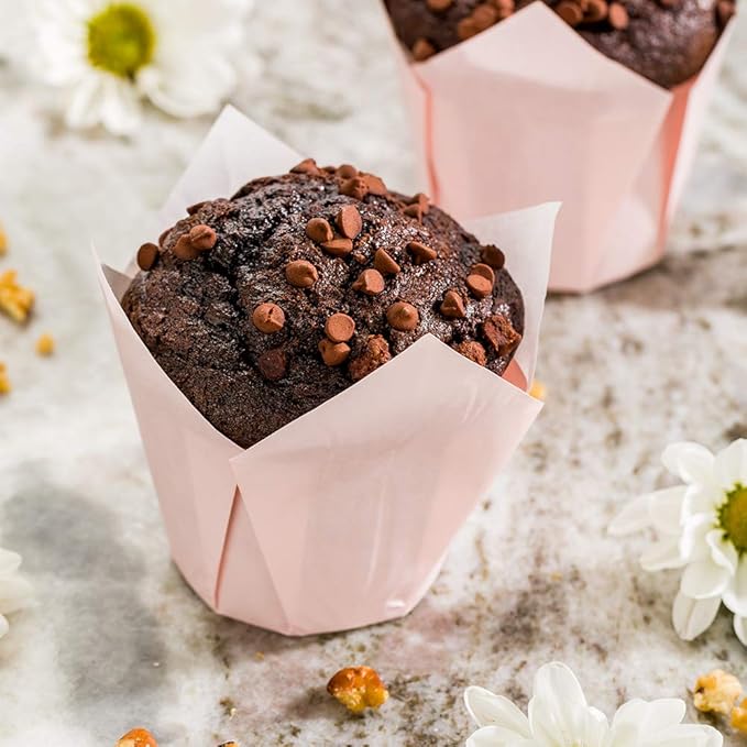 Restaurantware Panificio Premium 4 oz Pink Paper Tulip Baking Cup: Paper Baking Cups Perfect for Muffins Cupcakes or Mini Snacks - Greaseproof - Disposable and Recyclable - 200ct Box