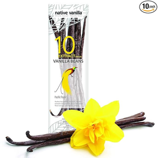 10 Tahitian Vanilla Beans - Premium Grade B Whole Vanilla Pods - For Vanilla Extract, Cooking, Baking, & Desserts - Rich, Creamy Flavor - 100% Vegan & Kosher - Non-GMO & Gluten-Free - Native Vanilla