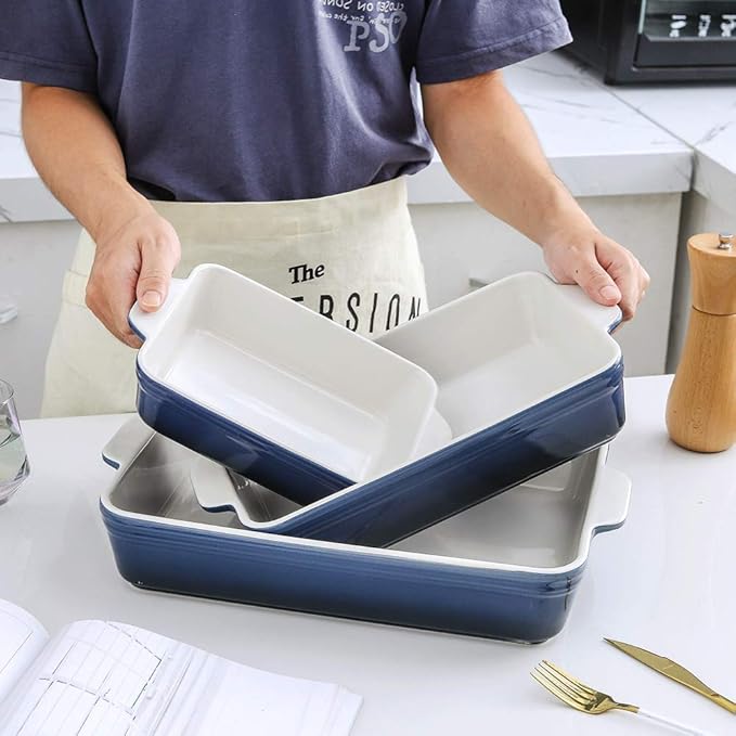 KOOV Bakeware Set, Ceramic Baking Dish Set, Rectangular Casserole Dish Set, lasagna Pan, Baking Pans Set for Cooking, Cake Dinner, Kitchen, 9 x 13 Inches, 3-Piece (Set of 3, Gradient Blue)