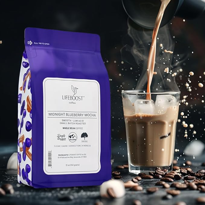 Lifeboost Midnight Blueberry Mocha Whole Bean Coffee - Non-GMO Wild Blueberry Low Acid Single Origin Coffee Beans - Third Party Tested For Mycotoxins & Pesticides - 12 Ounces