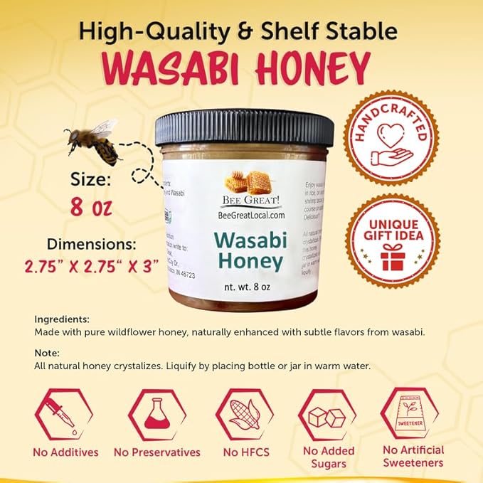 Bee Great Wasabi Hot Honey – Bold Sweet Heat with Wasabi Kick – Great with Sushi, Seafood & Salads (8 oz)
